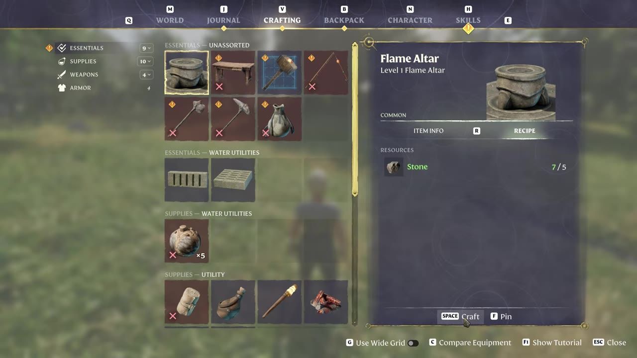 Game interface with crafting menu showing the Flame Altar construction and required materials.