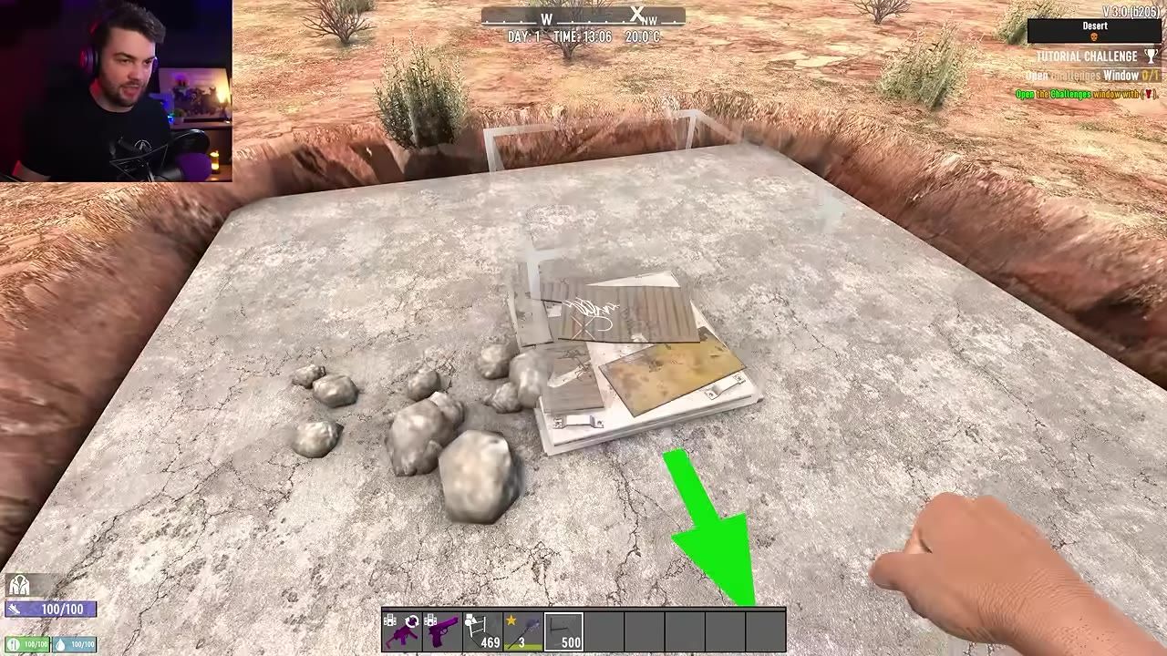A steel hatch lies on a concrete surface surrounded by rocks and a hand with a user interface overlay.