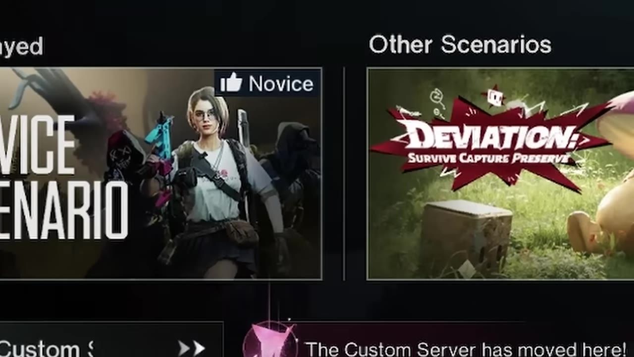 A game menu shows scenario tiles, including a custom server option and other scenarios, with a notice that the custom server has moved here.
