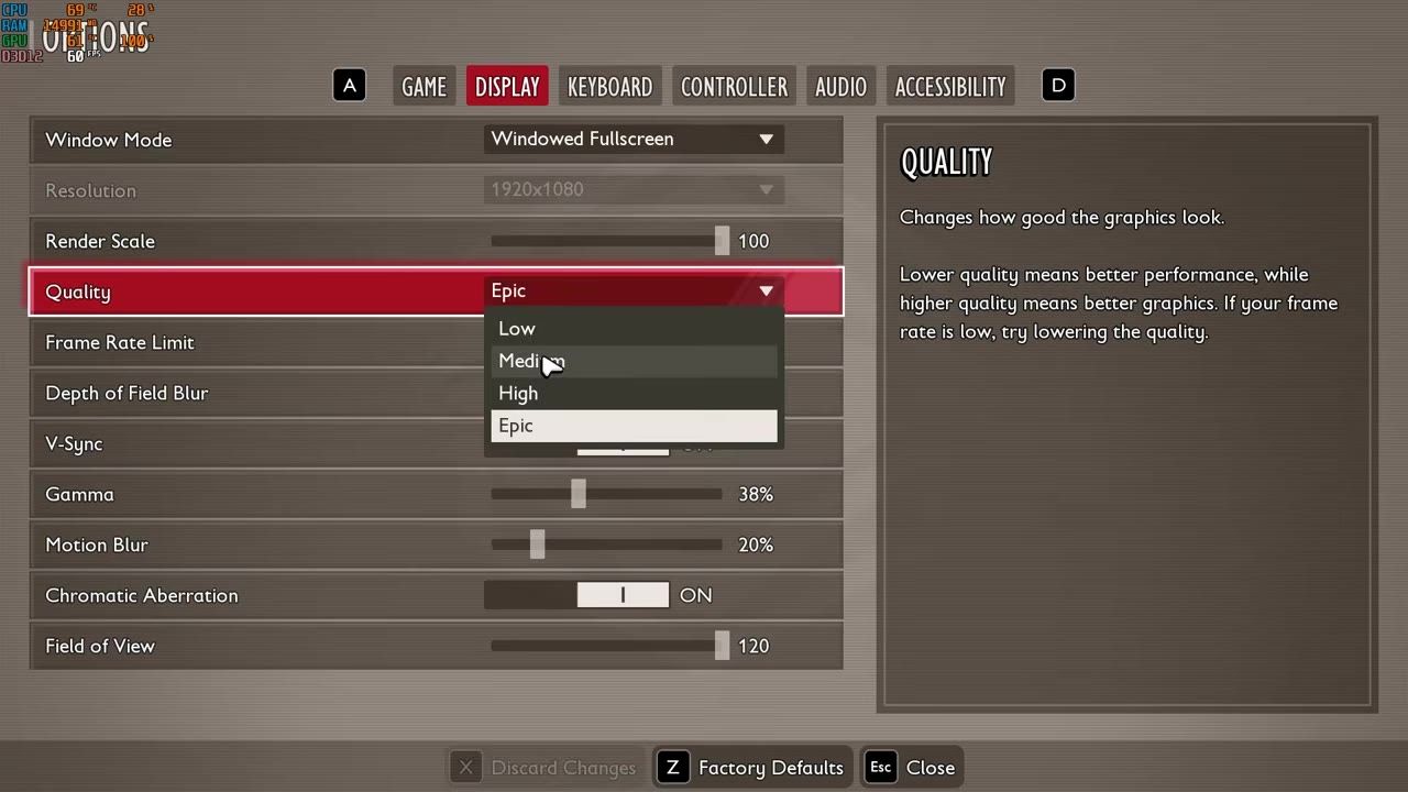 The game’s display settings menu is open with the Quality dropdown expanded, showing options from Low to Epic and a description explaining that lower quality improves performance.