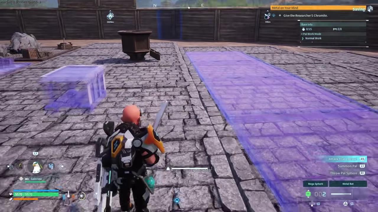 A third-person character stands in a Palworld base with translucent purple build placement guides on the ground and the HUD visible.
