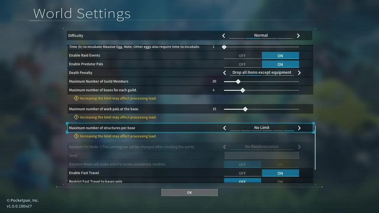 Custom world settings menu showing various adjustable parameters including the maximum number of structures per base set to 'No Limit'.