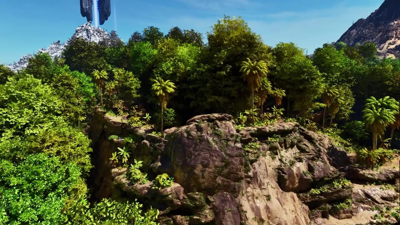 A dense, tropical forest landscape with rocky cliffs and a large obelisk visible in the background.