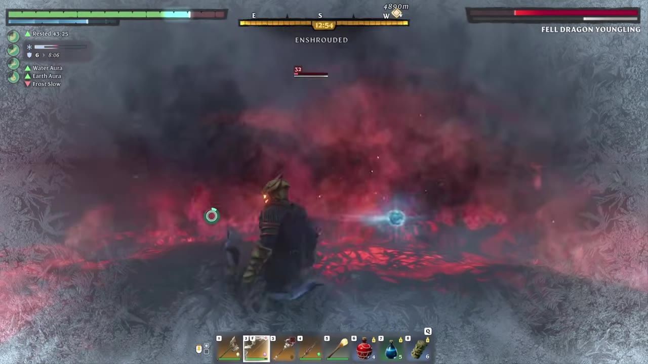 A player character facing a fiery scene with red and black smoke and an enemy bar labeled 'Fell Dragon Youngling'.