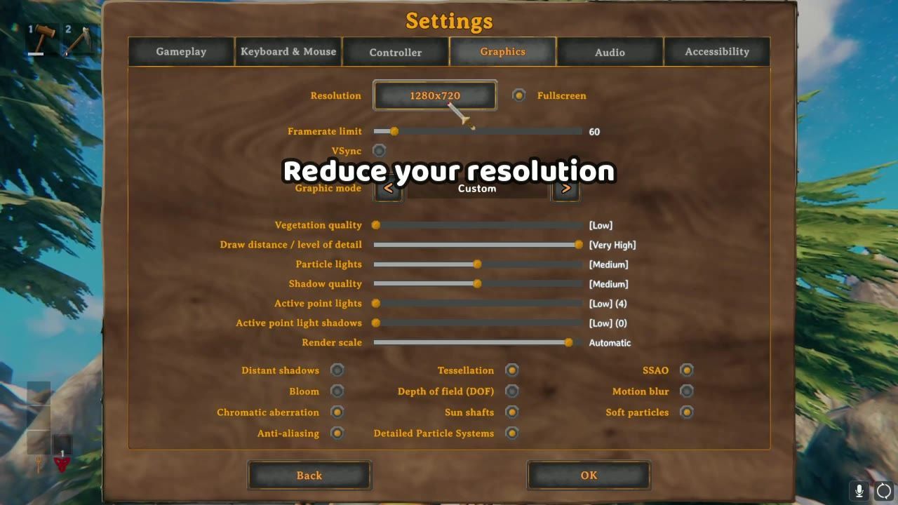 Game settings menu showing resolution settings and various graphical options.