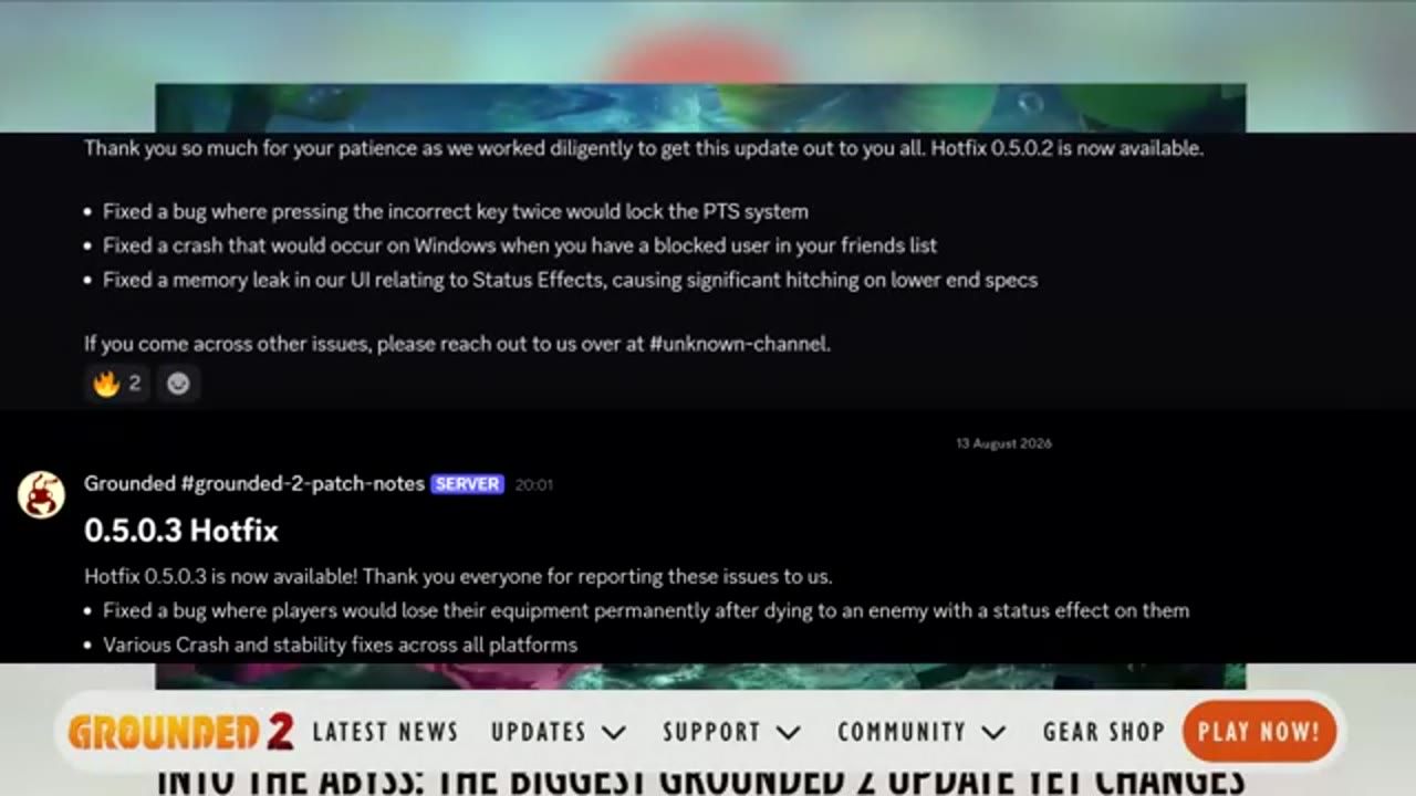 A Grounded 2 patch notes page shows hotfix notes and bug fixes, including a 0.5.0.3 Hotfix entry.