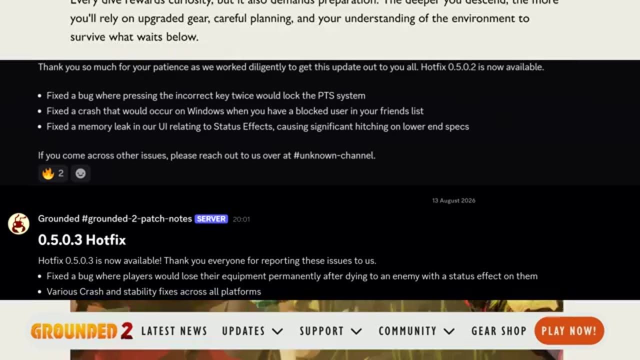 A Grounded 2 patch notes page shows a hotfix announcement with bullet points about bug fixes and stability improvements.