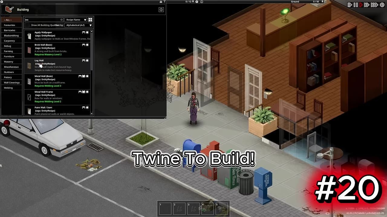 A game interface showing a building construction menu with wall options, including wood and metal materials.