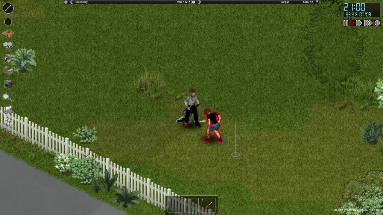 An in-game setting showing a player character confronting a zombie near a white picket fence in a grassy area. Game interface is visible.