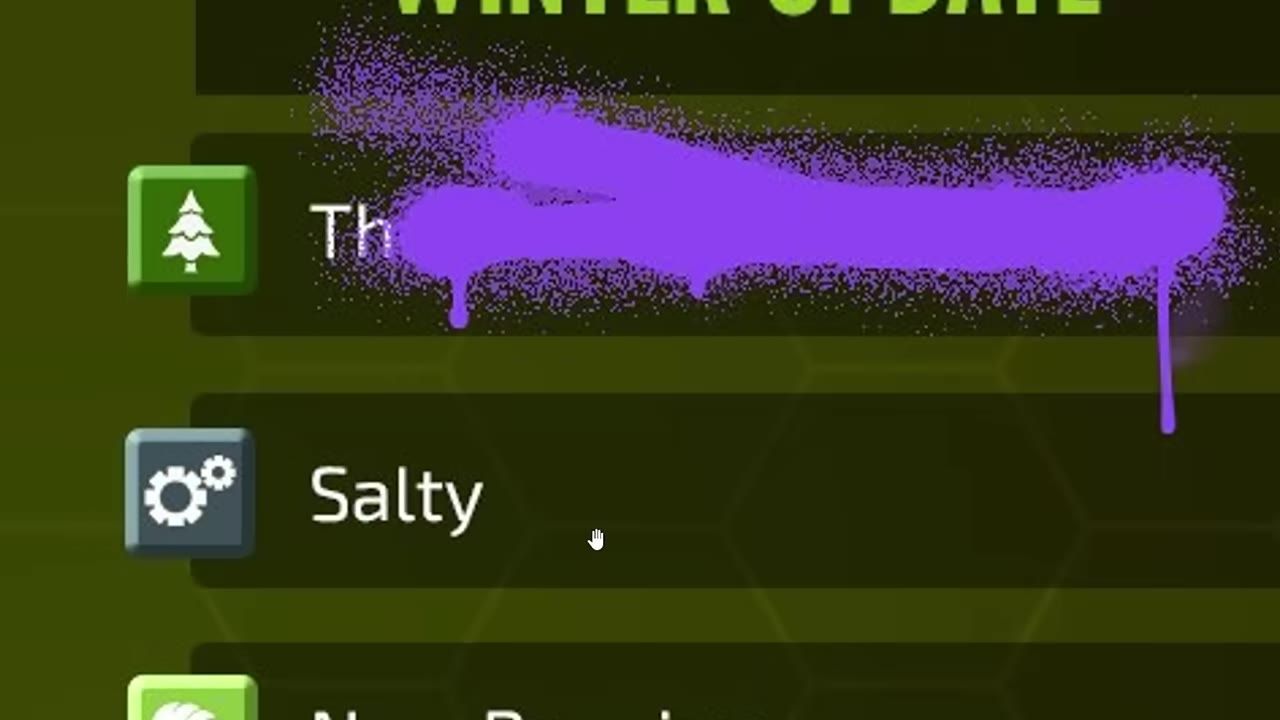A game menu shows a server options list with entries like Thirsty and Salty next to square icons, with one line partially obscured by a purple mark.
