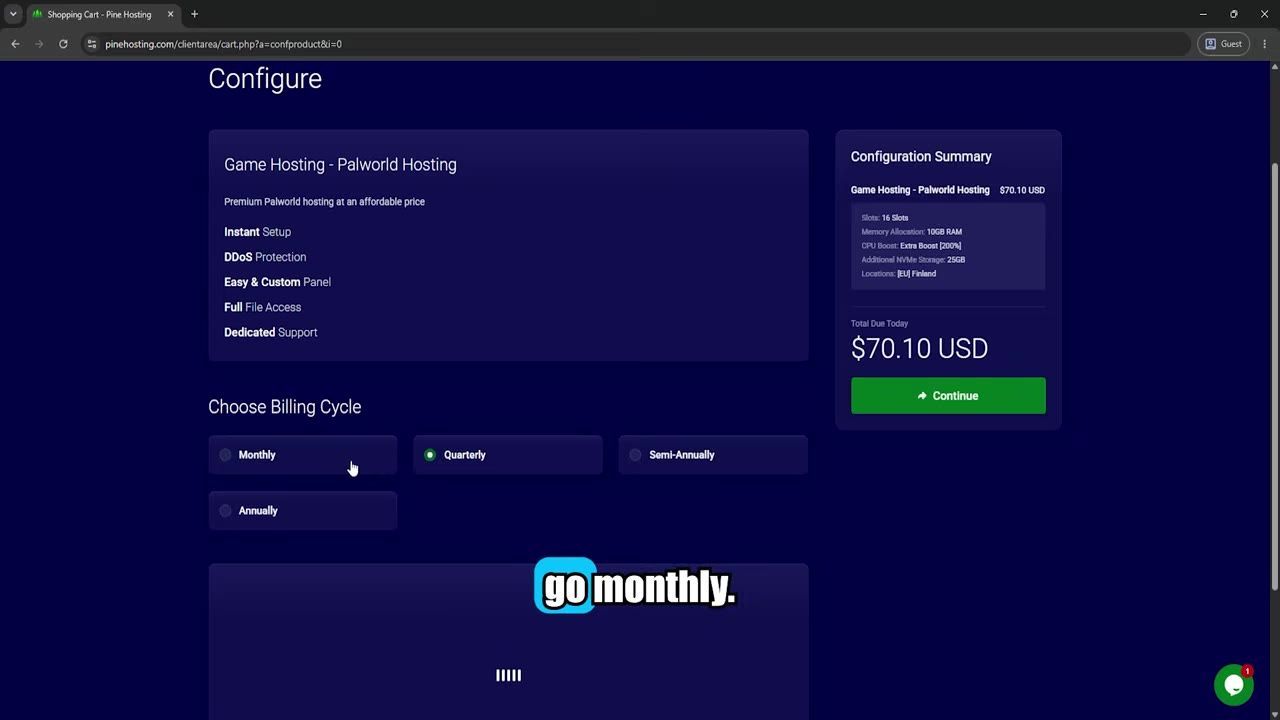 A server dashboard interface for configuring game hosting, with options such as slots, memory allocation, and billing cycles.
