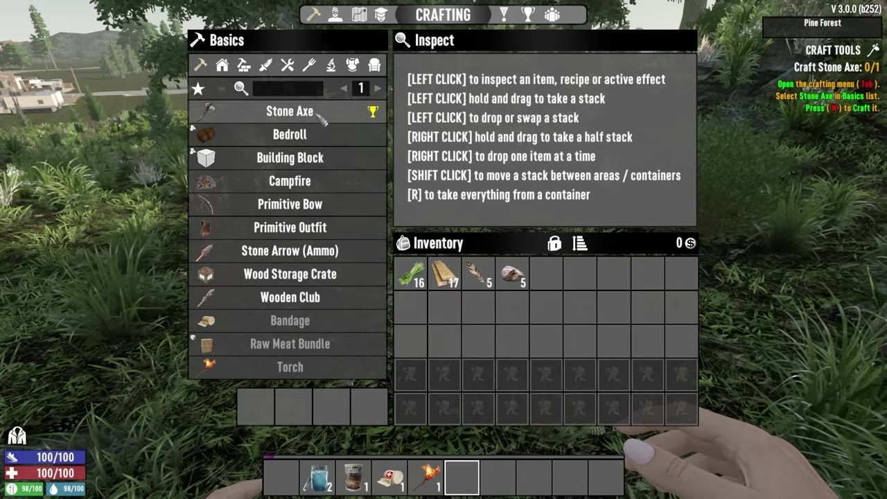 An in-game crafting menu with inventory displayed, including the Stone Axe recipe highlighted.