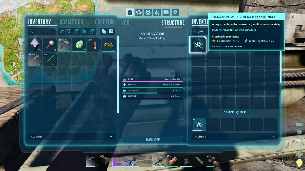 A game interface showing a crafting menu with the fabricator and the generator item option highlighted.