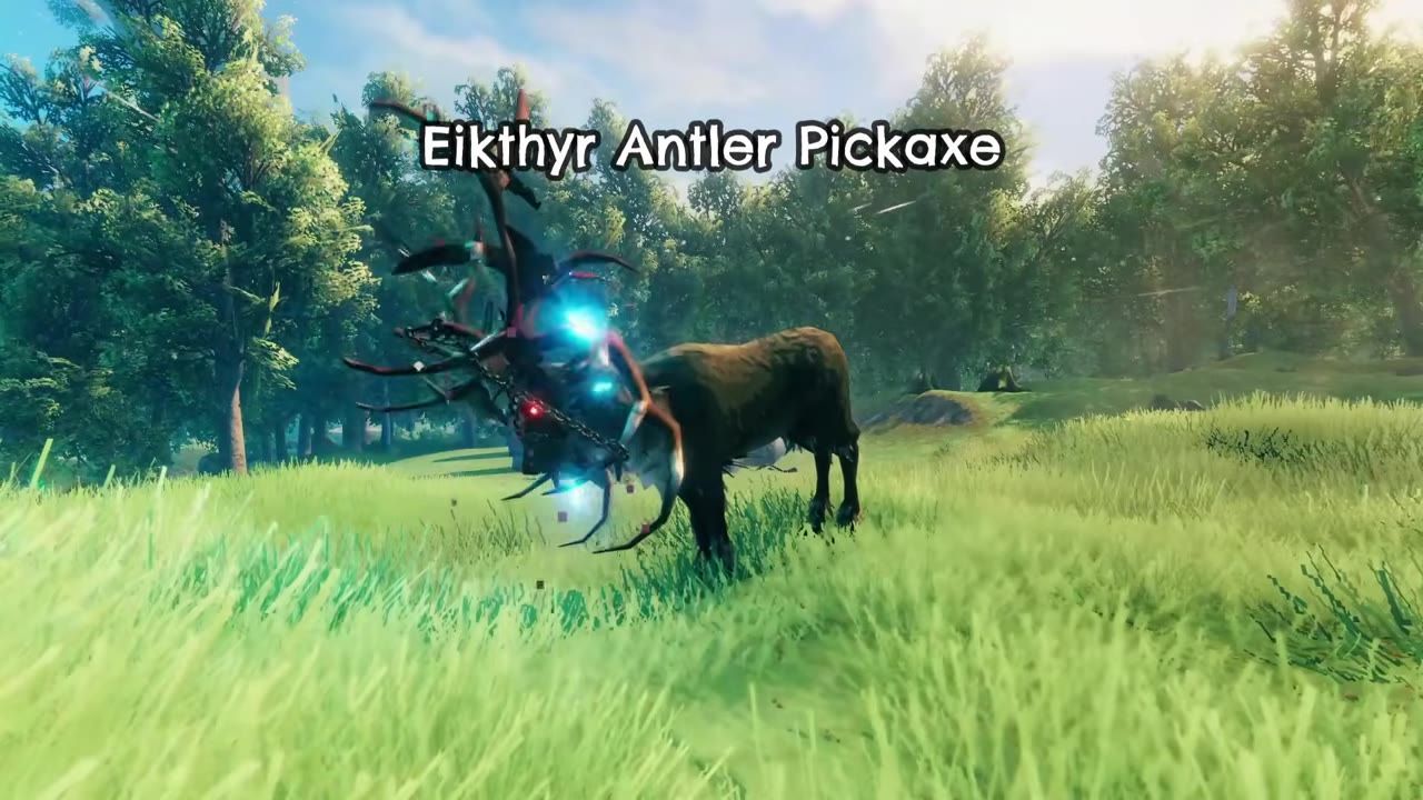 A glowing antlered creature in a grassy forest biome with the text 'Eikthyr Antler Pickaxe' displayed above.