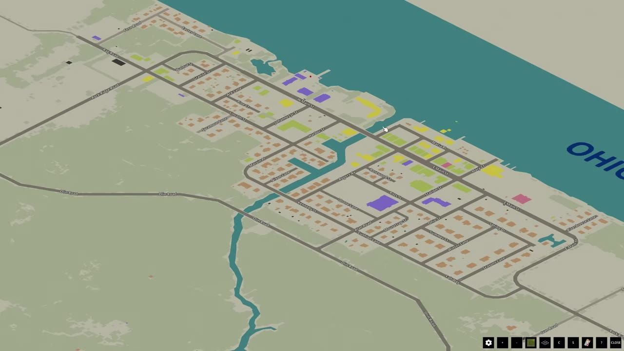 A top-down game map shows a coastal town with roads, water, and surrounding terrain.