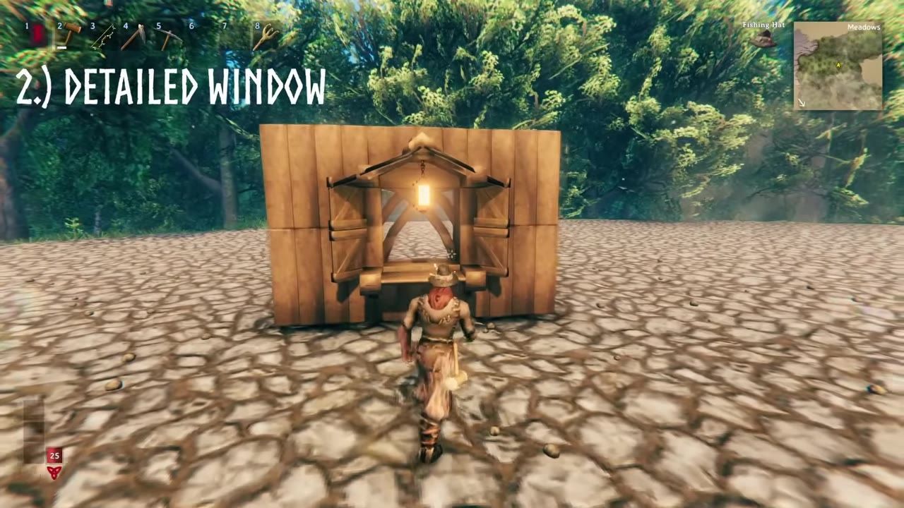 A wooden structure with a detailed window design featuring shutters and a lantern.