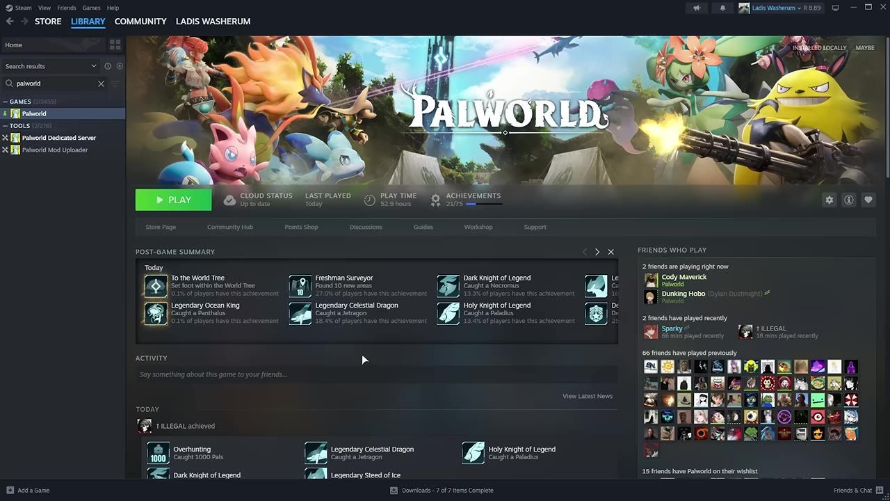 The Steam client displaying the Palworld game and its dedicated server files under 'Tools'.