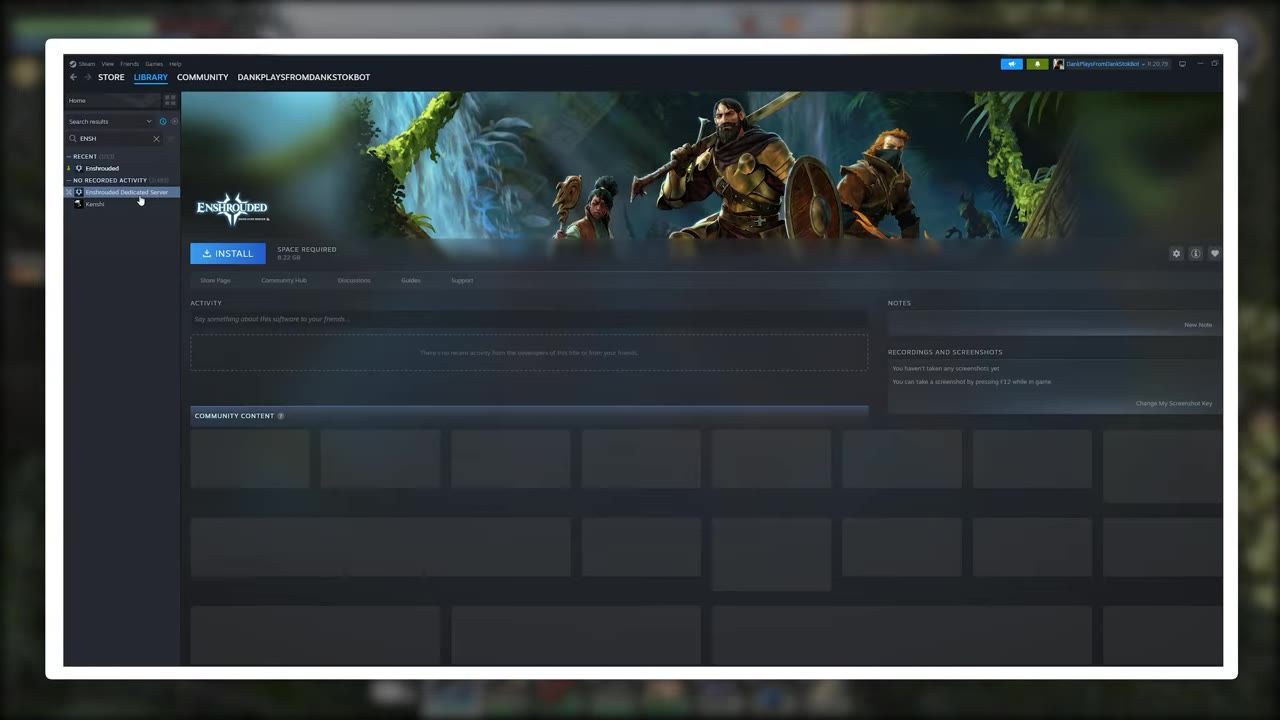 Steam library interface showing the Enshrouded Dedicated Server tool selected.