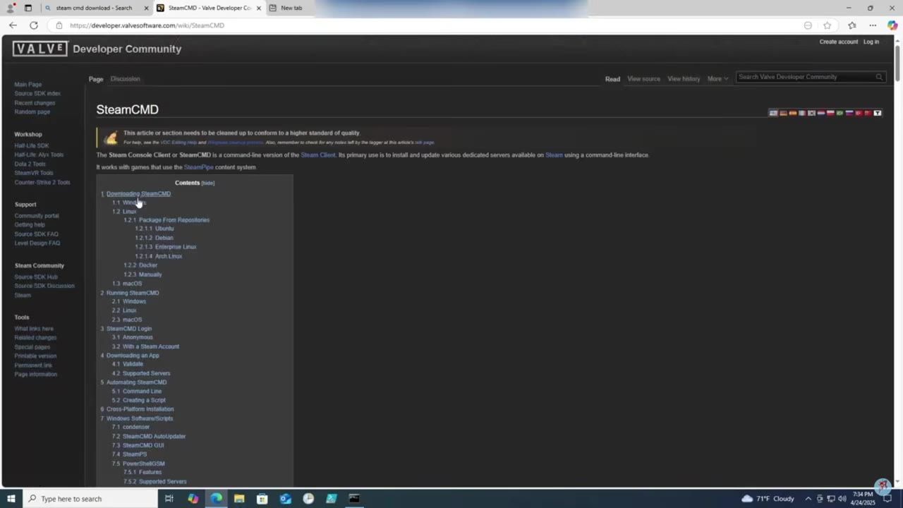 SteamCMD website page loaded on a browser with download options and a sidebar menu visible.