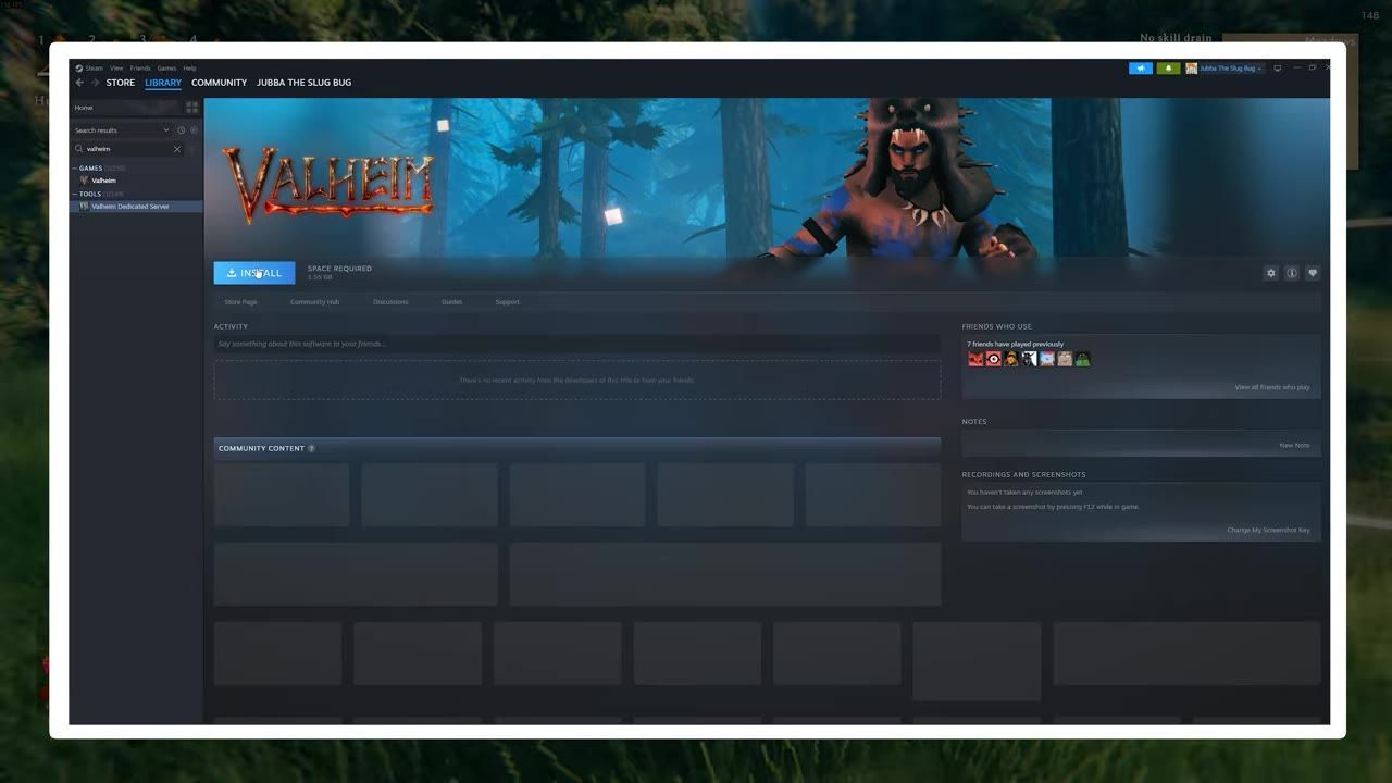 Steam Tools library showing Valheim Dedicated Server selected.