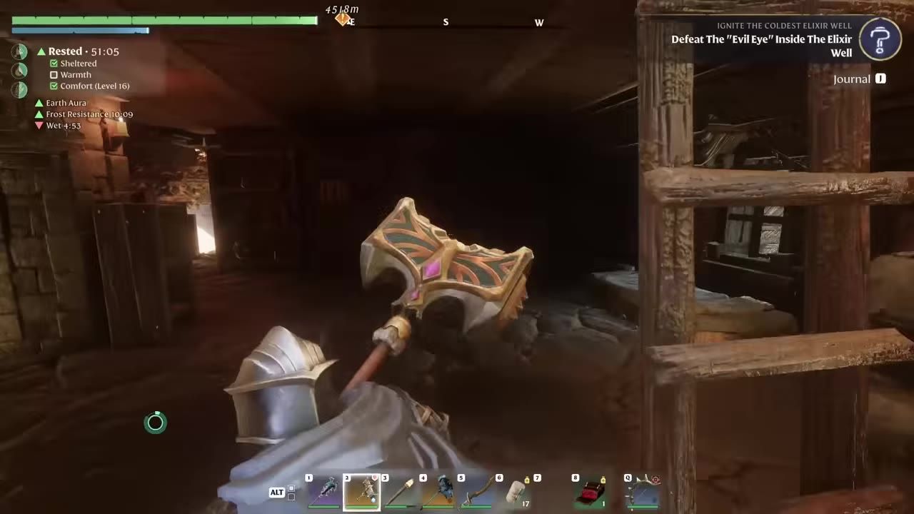 A first-person game view inside a dim wooden structure shows a bed, beams, and the player holding a decorated axe with the HUD and quest objectives visible.