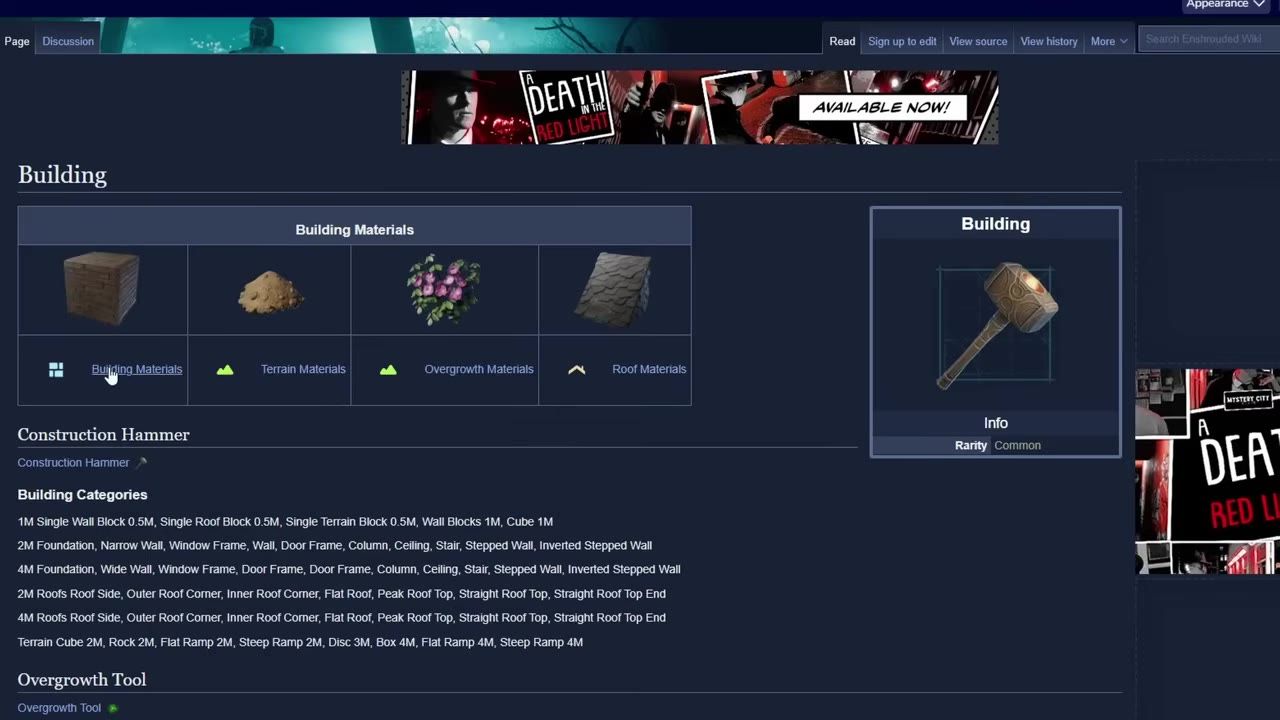 A game wiki page about building shows building materials, a construction hammer, and building categories.