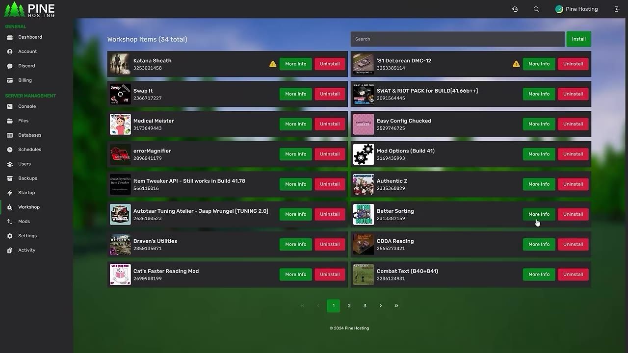 Server configuration panel showing a list of workshop mods with identifiers and options to install or uninstall.