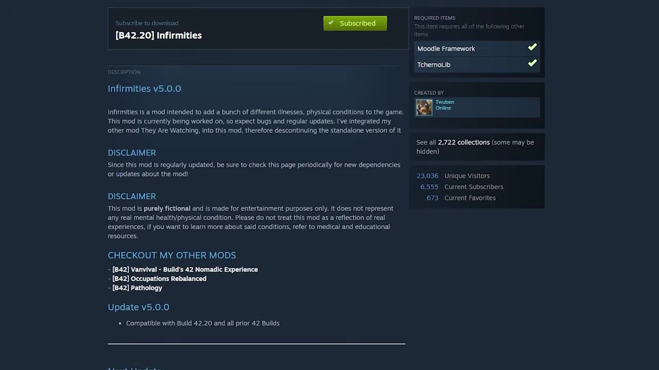 A Steam Workshop mod page for Project Zomboid shows the mod title, subscribed button, description text, and required items list.