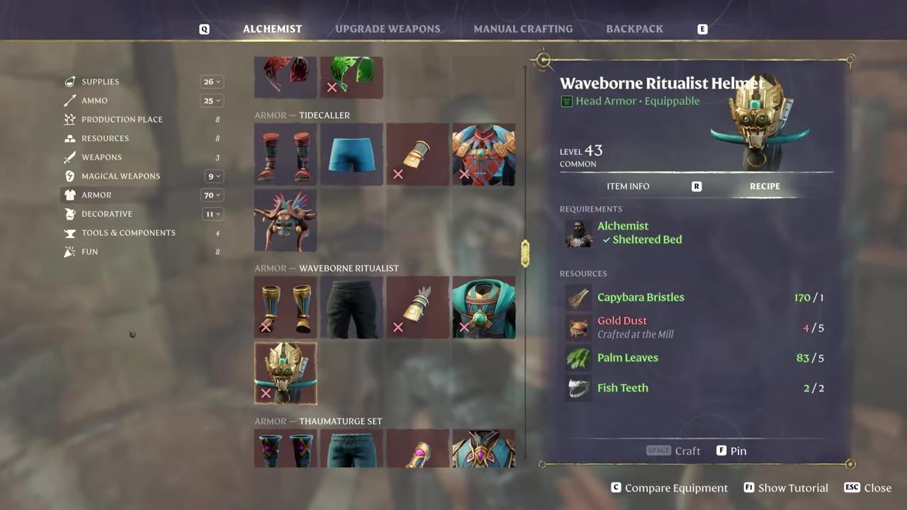 The game’s alchemist crafting menu is open with armor categories on the left, gear sets in the center, and a Waveborne Ritualist Helmet recipe with required resources on the right.