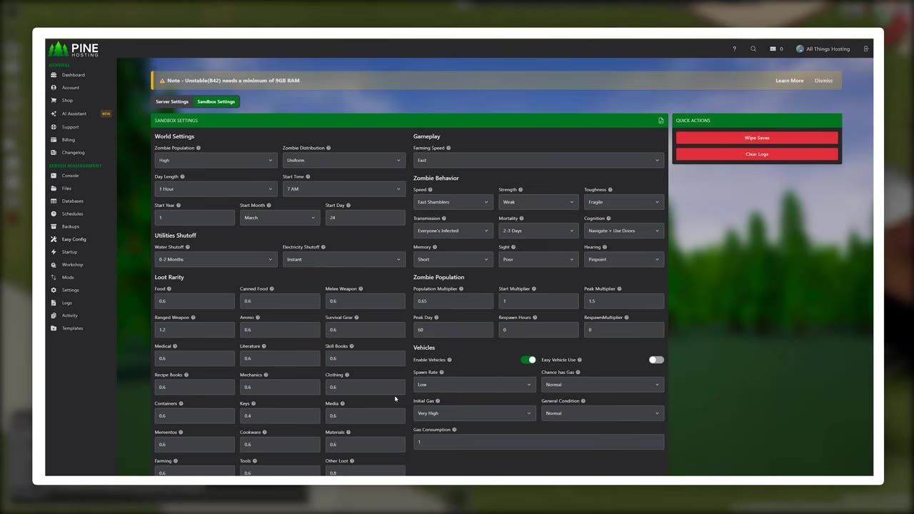 Server configuration settings menu for Project Zomboid with various sandbox options.