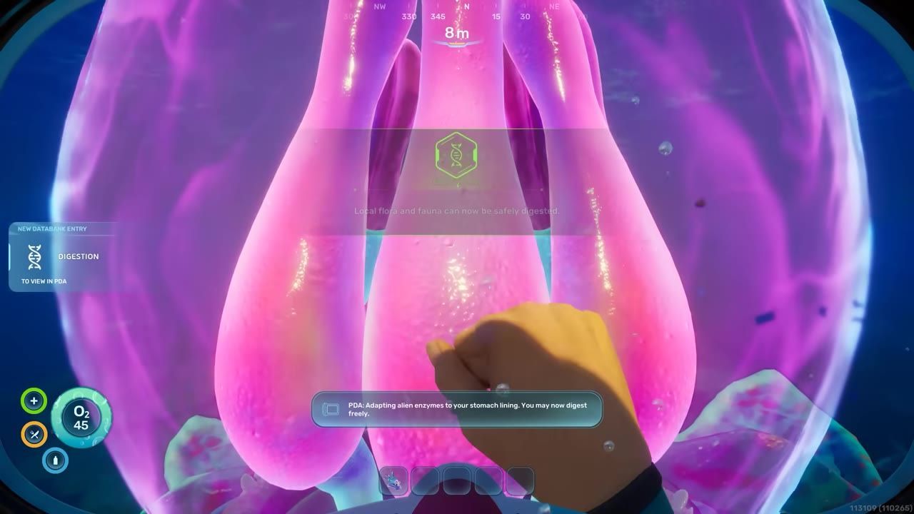 Character interacting with a pink biological device while receiving adaptation for digestion in-game.