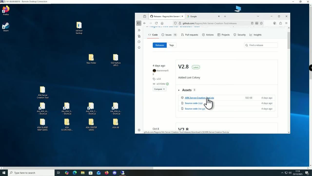 Desktop screen showing a browser opened to the GitHub page for ARK Server Creation Tool version 2.8.
