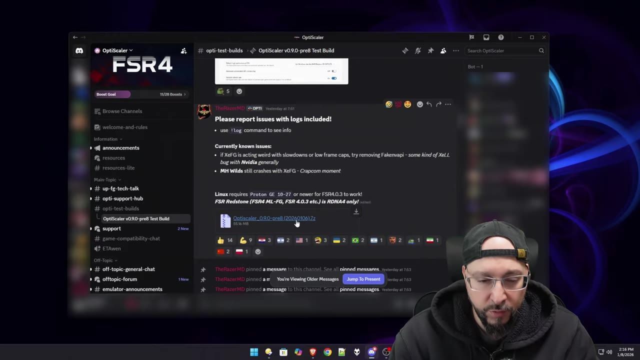 A Discord interface showing a chat with download links for OptiScaler v0.9.0.