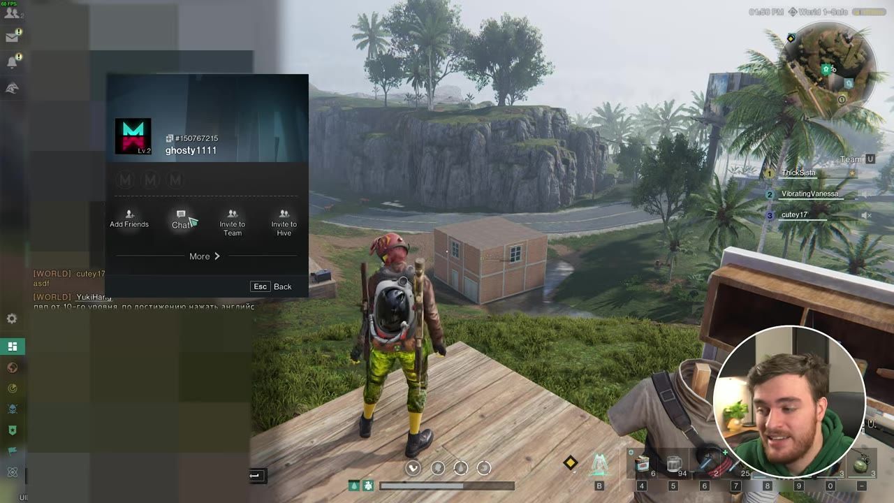 Gameplay showing chat interface with options like 'Add Friends,' 'Chat,' and 'Invite to Team.'