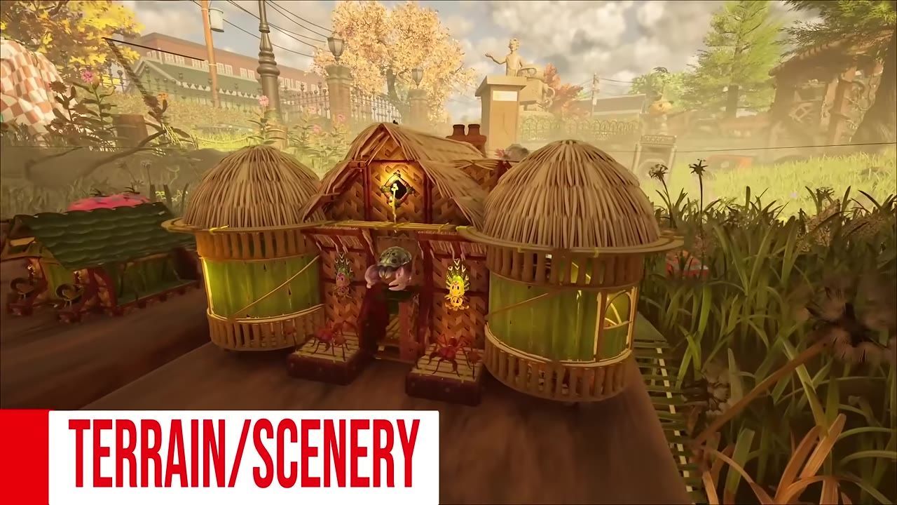 A base constructed with straw and green material in a scenic area surrounded by grass and landmarks.