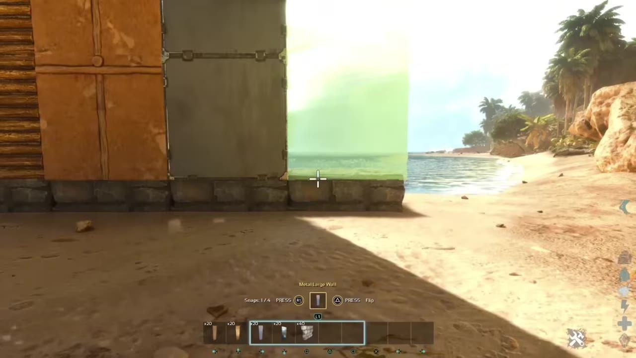 A game scene showing the placement of a large wall with glowing placement guide.