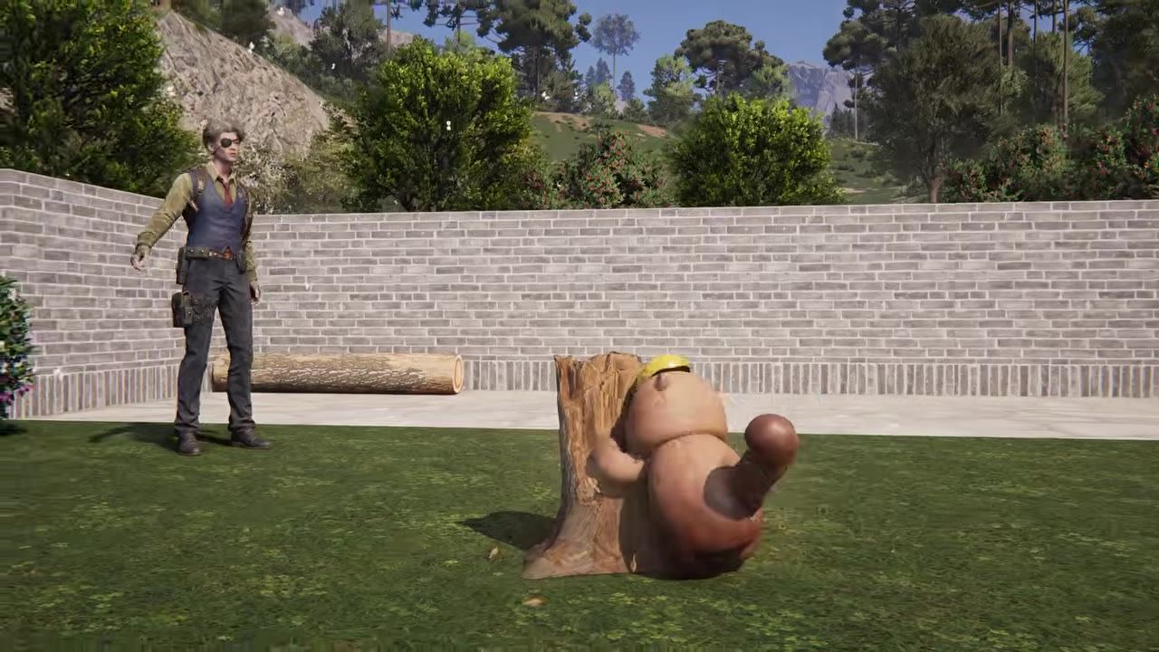 A character stands beside a small creature in a hard hat that is using a wooden stump in a grassy yard with trees and mountains in the background.