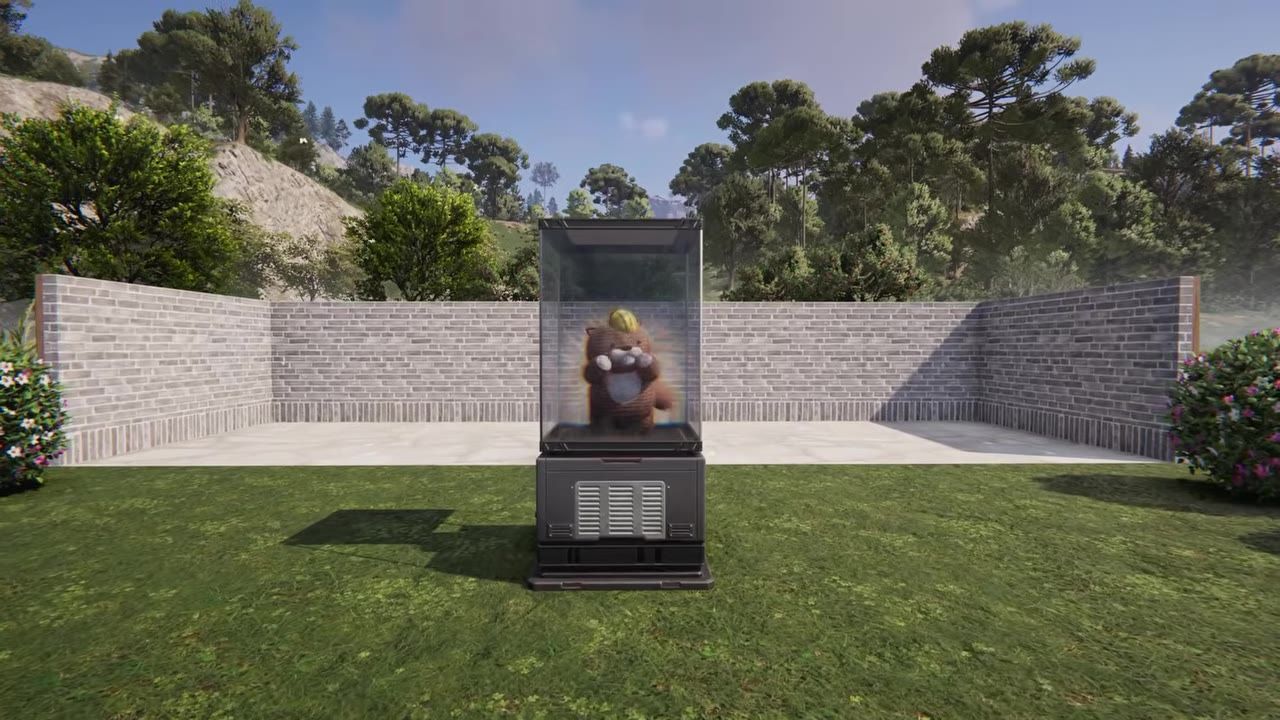 A deviation stored inside a glass cabinet surrounded by greenery.
