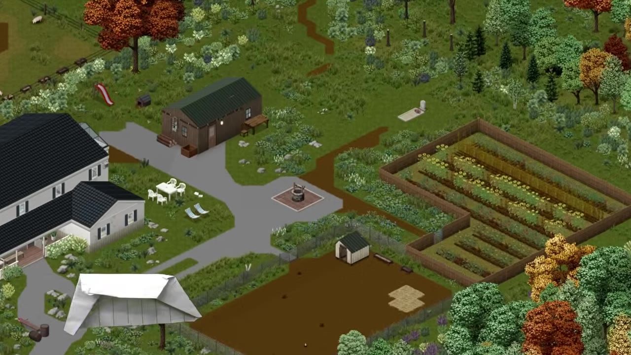 A farm scene with a house, a barn, a well, a fenced garden, and surrounding fields in a game.