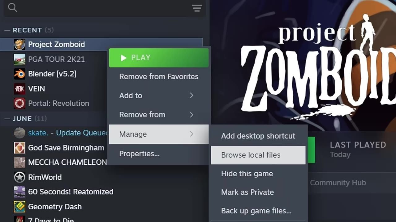 Steam interface with Project Zomboid selected and 'Manage' -> 'Browse Local Files' options highlighted.