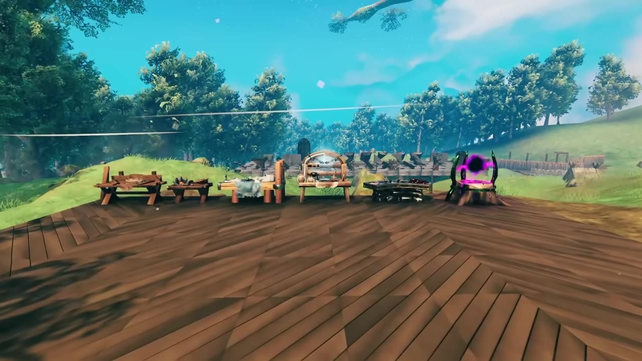 View of various crafting stations arranged on a wooden platform, including the black forge and a vibrant glowing purple table.