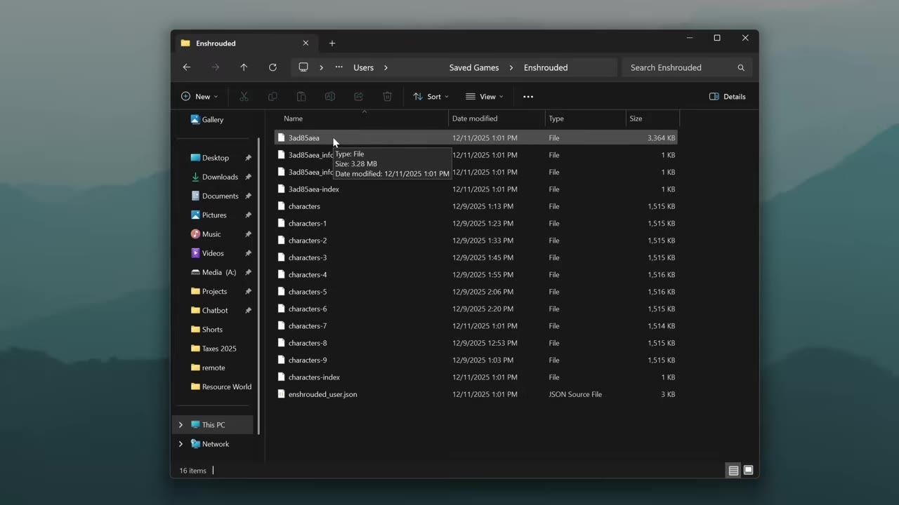 A computer folder displaying save files for a game, showing file names and modification dates.