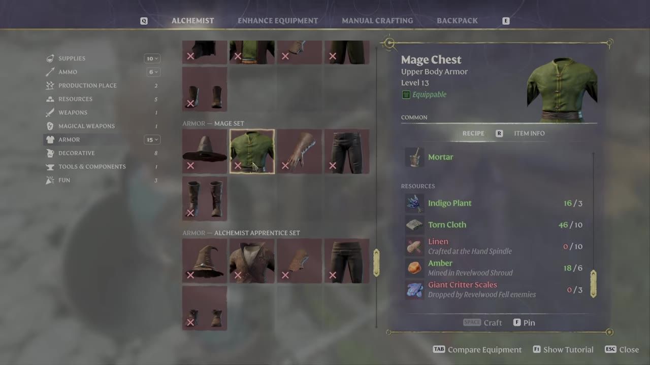 Crafting menu showing an armor piece and required materials including Giant Critter Scales.
