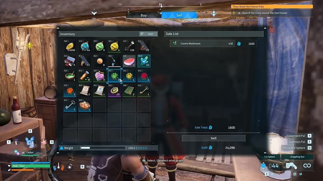Vendor screen showcasing items available for selling and their values, with a highlighted selection.