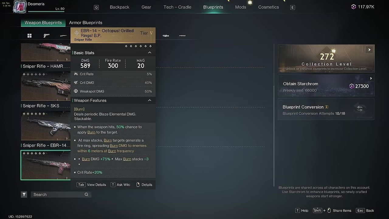 Game interface showing details of the EBR-14 sniper rifle with stats and modification information.