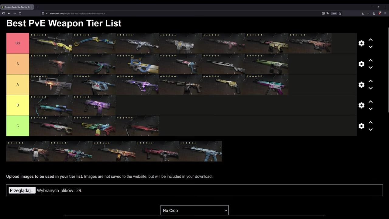 A tier list of weapons sorted by categories such as SS, S, A, B, and C, showing various types and designs.