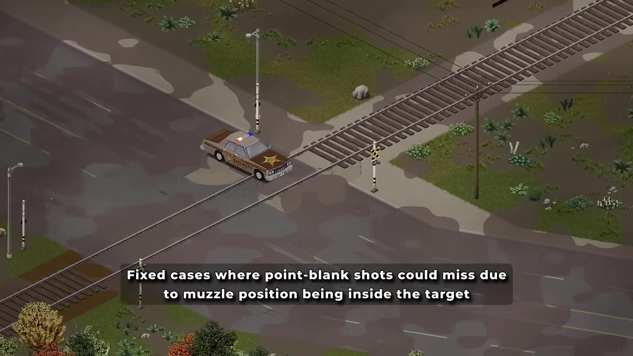 An isometric game scene shows a sheriff car stopped by railroad tracks on a wet road with an on-screen note about point-blank shots missing due to muzzle position.