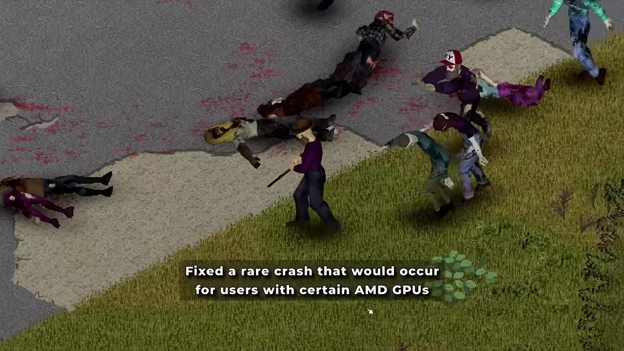 A top-down survival game scene shows a character holding a weapon while several zombies lie on the ground and others stagger nearby, with a text overlay about fixing a rare crash for certain AMD GPUs.