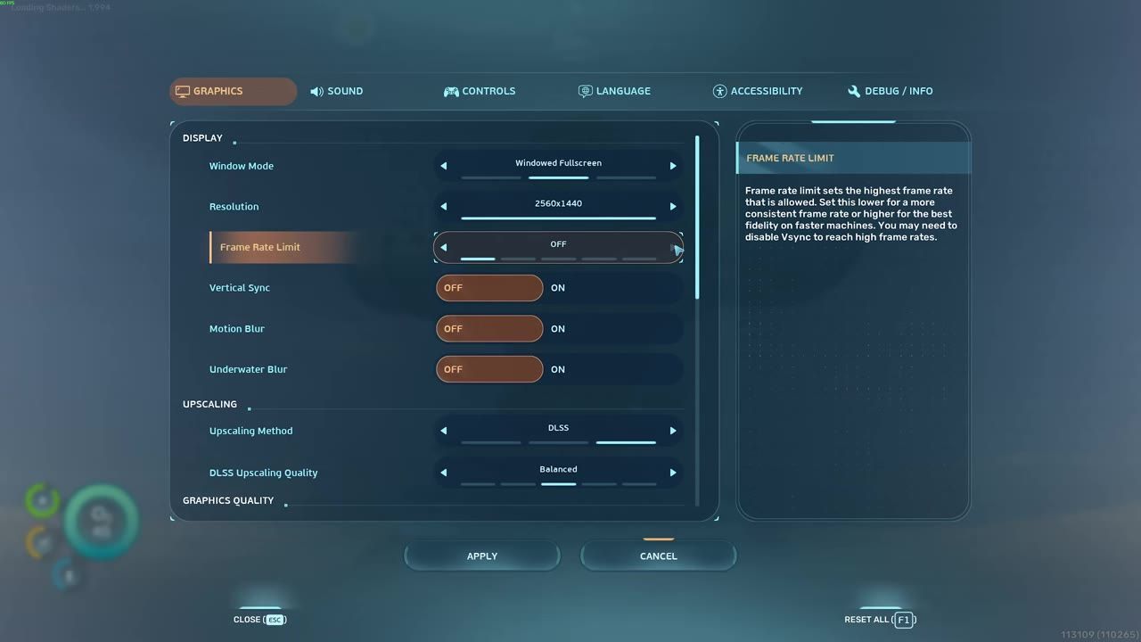 Graphical settings panel showing options like Window Mode, Resolution, Frame Rate Limit, Vertical Sync, Motion Blur, Underwater Blur, and Upscaling.