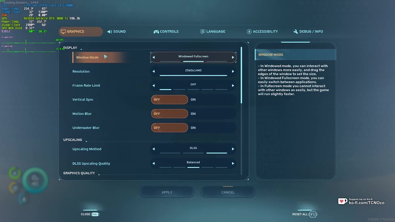 Graphics settings menu showing options like resolution, vertical sync, motion blur, and various other settings.